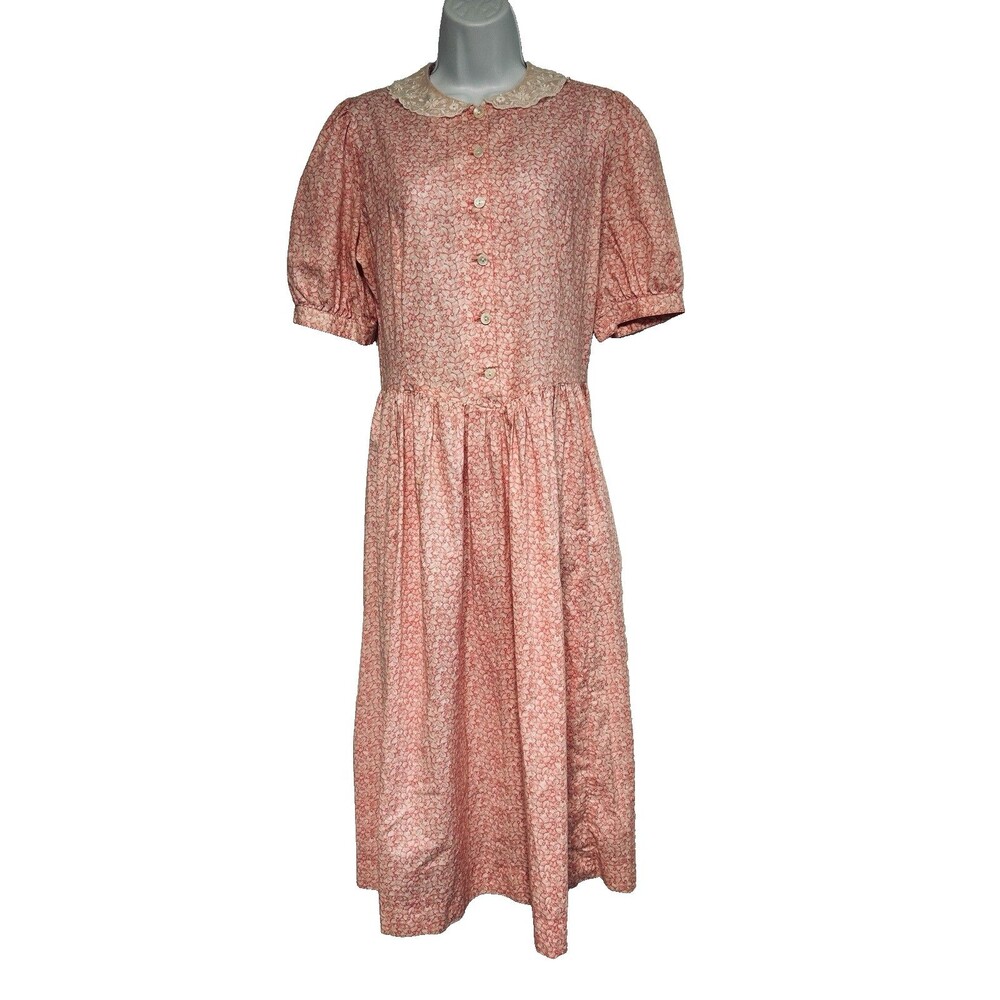 VTG Laura Ashley Dress 12 Pink Floral Cottagecore Puff Sleeve Lace Collar